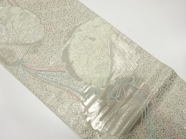 珀裳錦プラチナ通し箔　雪輪に花鳥模様織り出し　袋帯